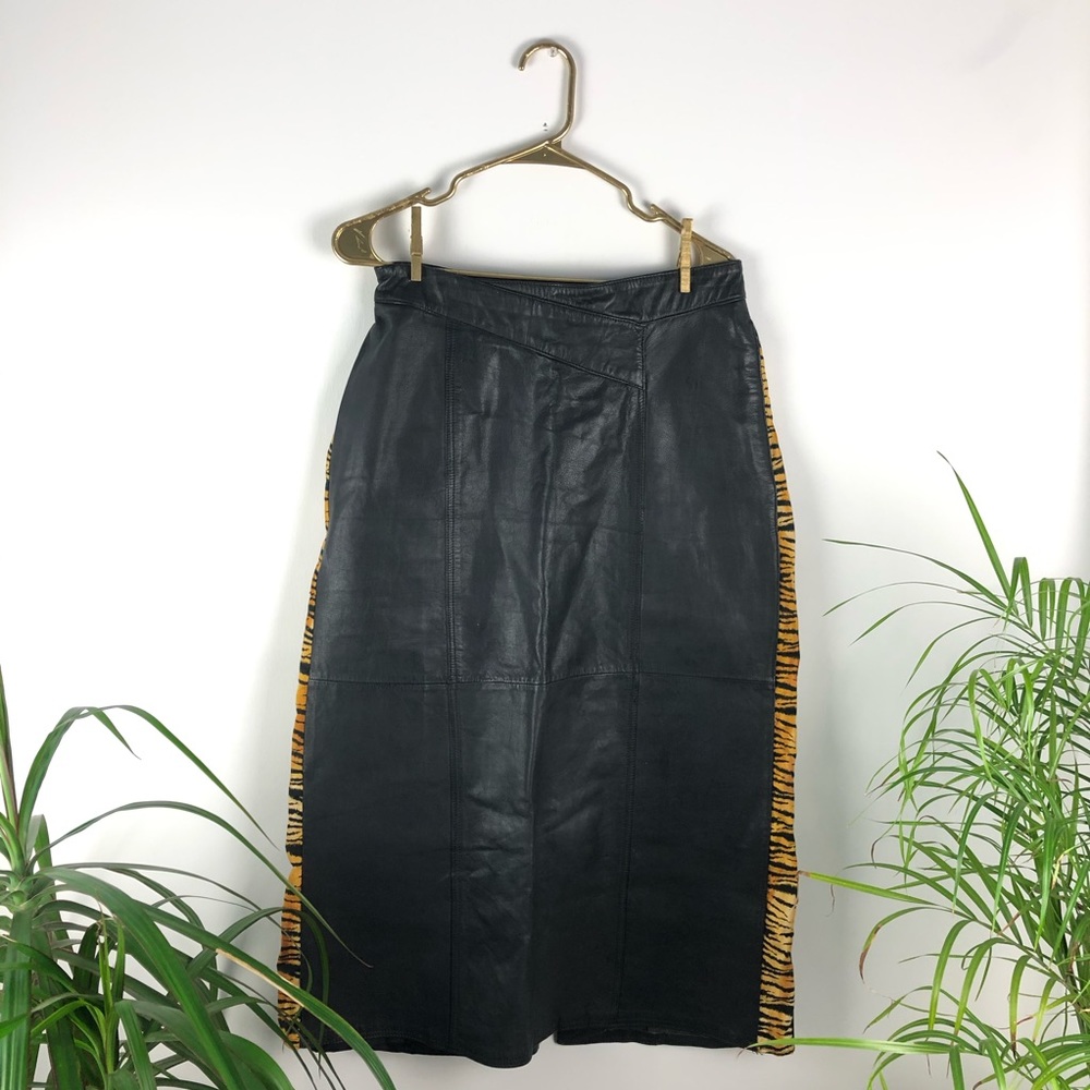 Vintage Leather Skirt w/ Animal Print Trim
